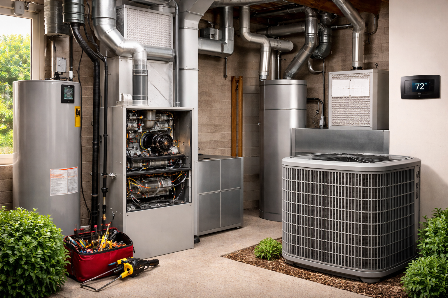 Technician diagnosing failed air conditioner during hot afternoon at Hall County home
