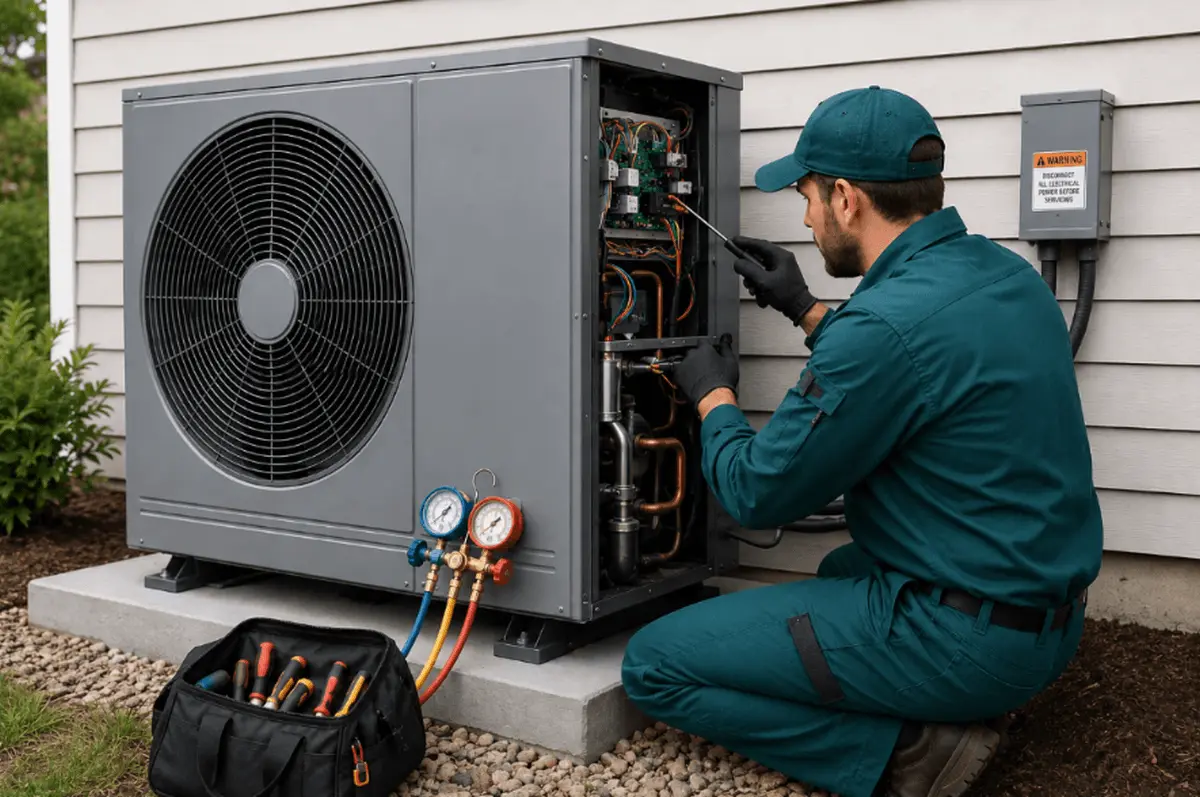 HVAC technician testing mini split electronics and airflow with diagnostic tools